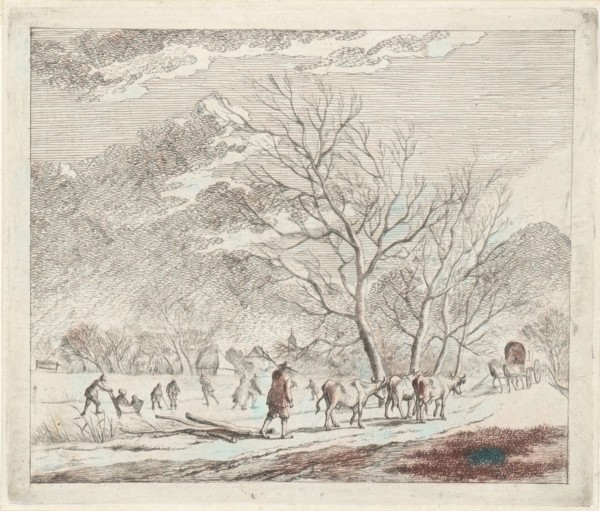 Winter Landscape with cows and skaters, Johannes Janson, 1783. Reimagined by Gibon. Classic art with a modern twist reimagined