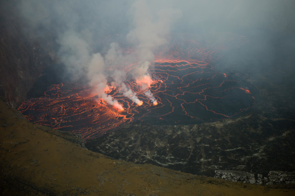 An active lava lake churns in the crater of Mount Nyiragongo Volcano, Kibati, Virunga National Park, Democratic Republic of Congo (DRC).
