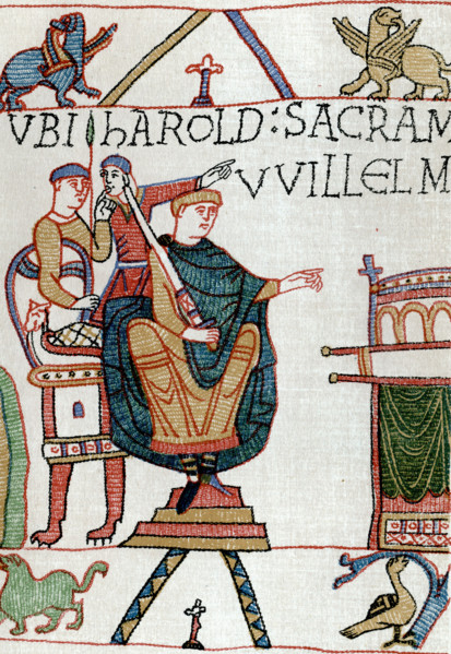 William receiving Harold's Oath. HAROLD SACRAMENTUM FECIT VVILLELMO DUCI (Harold made an oath to Duke William). This scene took place at Bagia (Bayeux, probably in Bayeux Cathedral).  The Bayeux Tapes...