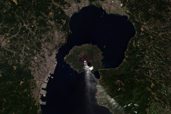 Active volcano Sakurajima in Kyushu, Japan seen from space - contains modified Copernicus Sentinel Data (2019)