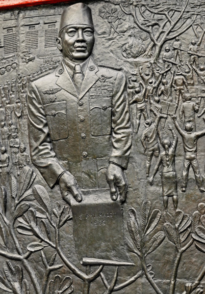 jakarta, dki jakarta/indonesia - april 20, 2009: detail of the relief at pancasila sakti  memorial site, sukarno holding spersemar