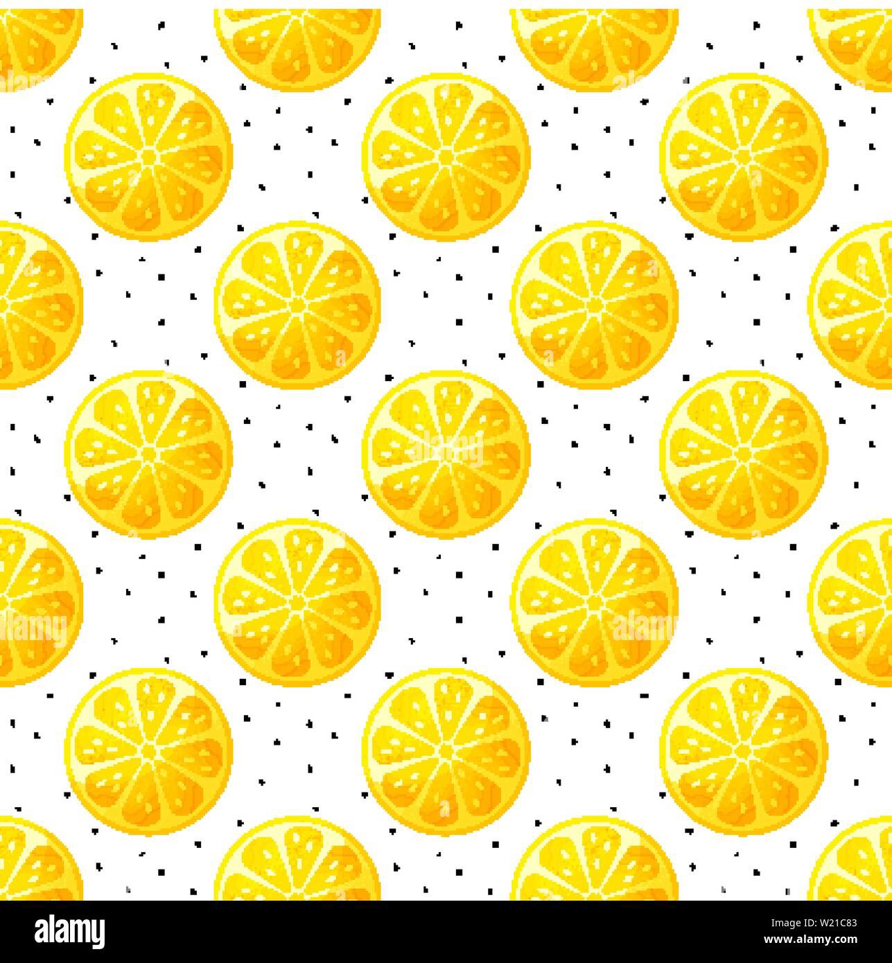 Seamless pattern with lemon slices and hand-drawn dots. Modern vector background with citrus fruit.