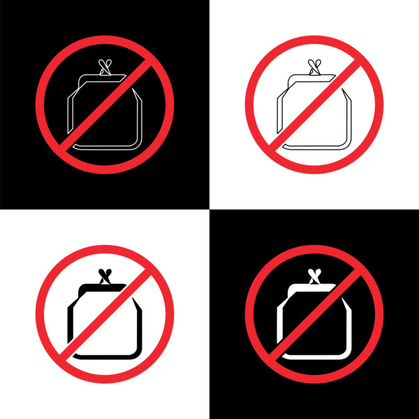 Buy Nothing Day. Social event concept. Linear line, line art. Purse in strikethrough circle. 4 design options.