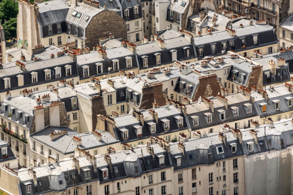 Aerial view of haussmanian buildings, traditional zinc roofs and chimneys in Paris, France