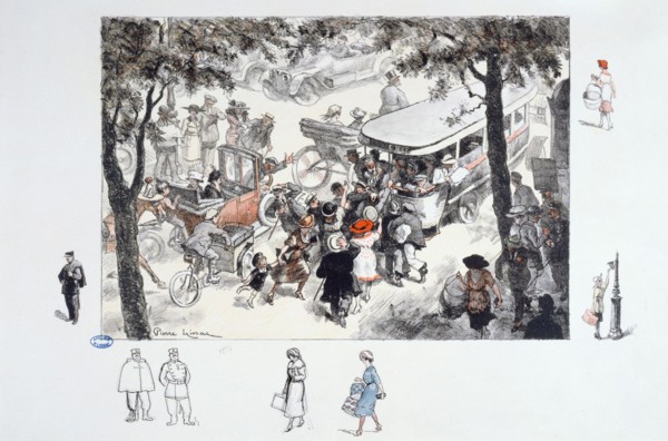 KISS - THE RISE IN THE BUS "La Montée dans l'autobus", gravure de Pierre Lissac, dit Kiss. Paris, musée Carnavalet.
