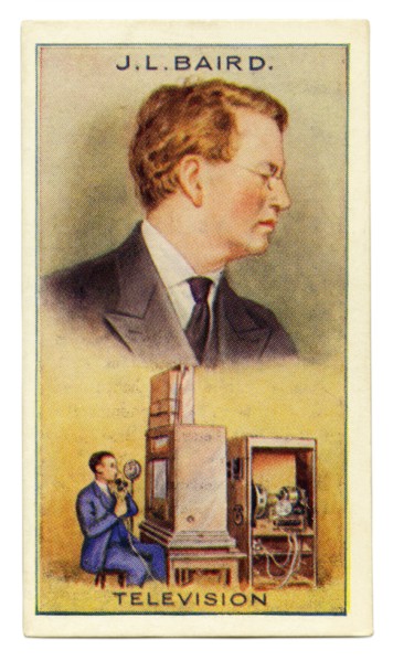 An old cigarette card (c. 1929) with a portrait of John Logie Baird FRSE (1888–1946) and an illustration of his tevevision. Baird was a Scottish inventor, electrical engineer, and innovator, demonstra...