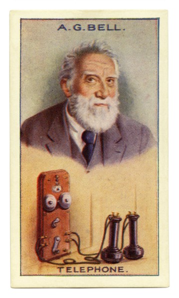 An old cigarette card (c. 1929) with a portrait of Alexander Graham Bell (1847–1922) and an illustration of a telephone. Bell was a Scottish-born inventor, scientist, and engineer who is credited with...
