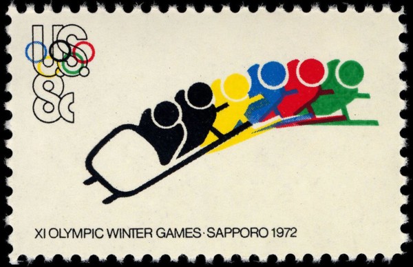 Olympic Games Sapporo Bobsled 8c 1972 issue U.S. stamp.
