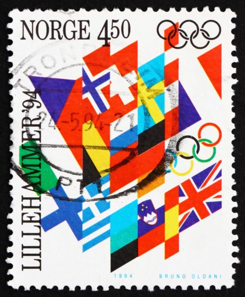 NORWAY - CIRCA 1994: a stamp printed in the Norway shows Flags, Winter Olympic Games, Lillehammer 94, circa 1994