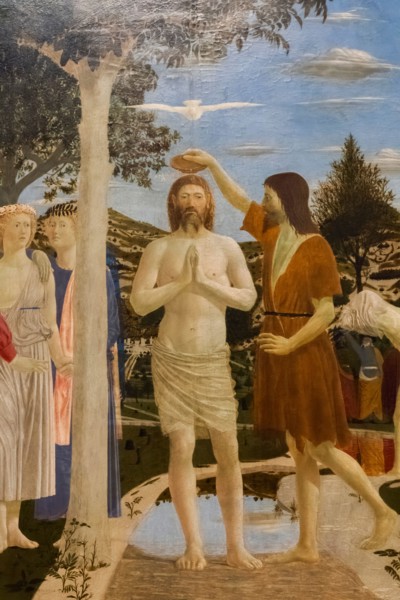 Painting titled "The Baptism of Christ" by Italian Artist Piero della Francesca dated 1437