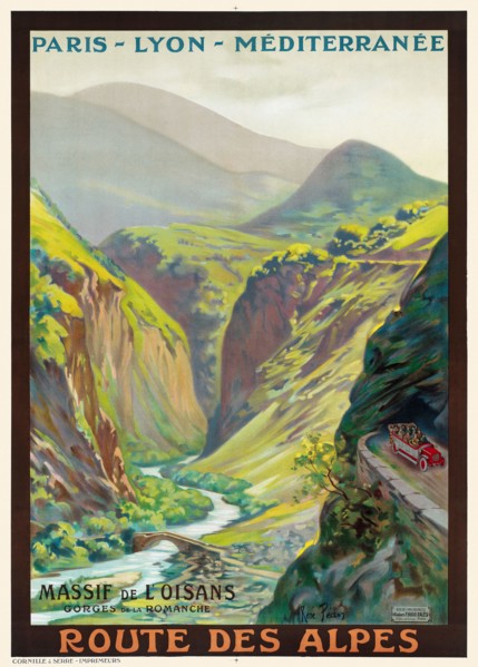 PLM. Massif de L'Oisans Gorges de la Romanche Route des Alpes by René Péan (1875-1955). Poster published around 1900 in France.