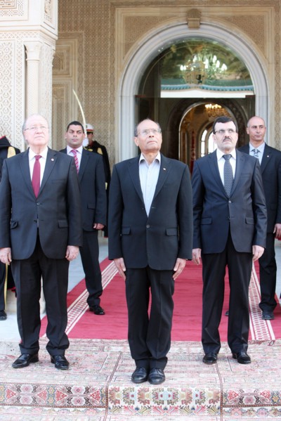 March 20, 2013 - Tunis, Tunis, Tunisia - Mr. Moncef Marzouki(C) President of the Republic, Mr Mustapha Ben Jaafer(L) president of the Constituent Assembly and Mr Ali Larayedh(R) Prime Minister during ...