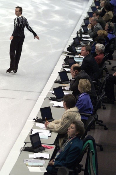 Feb. 14, 2002 - U.S. - KRT SPORTS STORY SLUGGED: OLY-FIGURE KRT PHOTOGRAPH BY DAVID P. GILKEY/DETROIT FREE PRESS (February 14) SALT LAKE CITY, UT--   An international panel of judges looks on at the s...