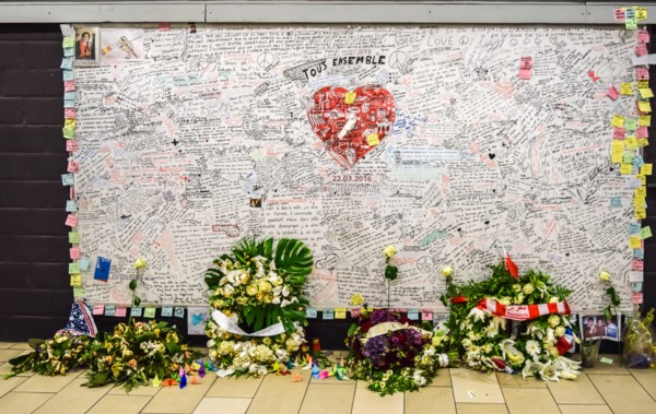 Archive image taken on 4 June 2016 showing a memorial stone with wishes and messages of support at Maelbeek / Maalbeek metro station in Etterbeek, in
