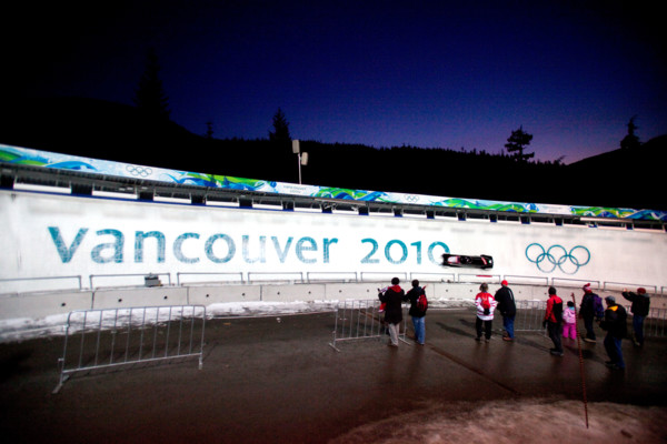 Action from Whistler Sliding Centre of the men's two man bobsleigh heats for Vancouver 2010