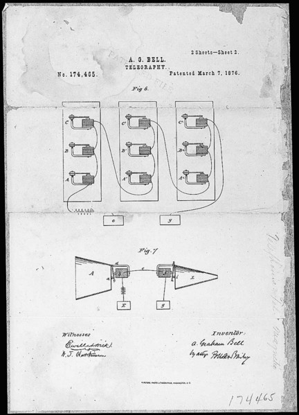 Alexander Graham Bell's telephone patent drawing and the oath signed on March 7, 1876, a critical moment in the development of the telephone and communication technology.