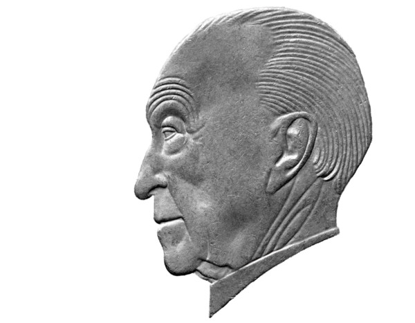 Portrait of Konrad Adenauer from 2 Deutsch Mark coin, West Germany, 1986, on white background