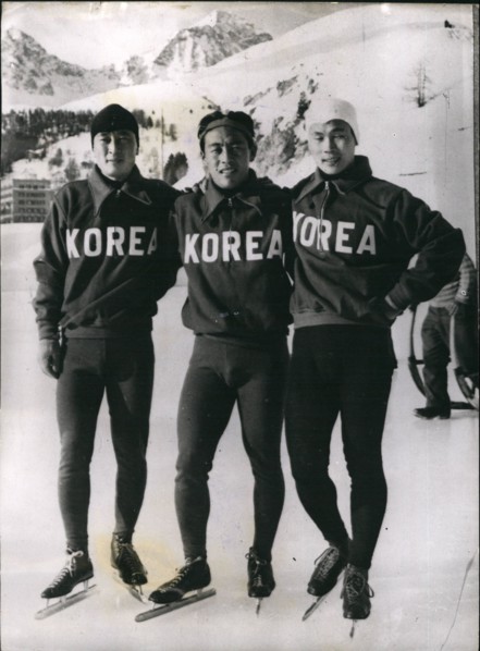 Jan. 01, 1948 - The speed skating team from Korea. Ready for the olympic games.: Members of the Speed Ice Skating Team from Korea seen on arrival at St. Moritz where they are preparing for the forthco...