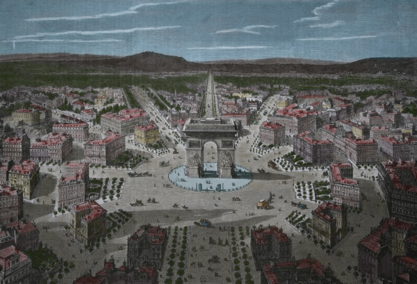 France. Paris. The Arc de Triomphe. Place de l'Etoile. Engraving by Bertrand, 19th century. Later colouration.
