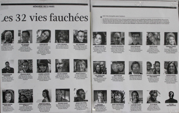 March 2016, Brussels Maalbeek metro station, Belgium, Terrorist attack that took place on March 22. Poster with the victims. In memoriam