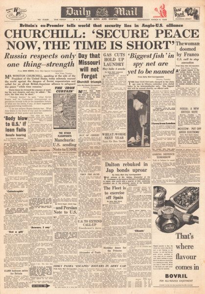 1946 Daily Mail newspaper front page Churchill's (Iron Curtain) Speech in Fulton