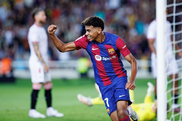 Barcelona, Spain. 29th Sep, 2023. Lamine Yamal celebrates after scoring a goal during the LaLiga EA Sports match between FC Barcelona and Sevilla FC a