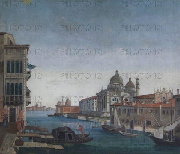 This oil painting, attributed to an imitator of Canaletto, depicts the iconic entrance to the Grand Canal in Venice, with the Santa Maria della Salute church prominently featured. The work, dating fro...