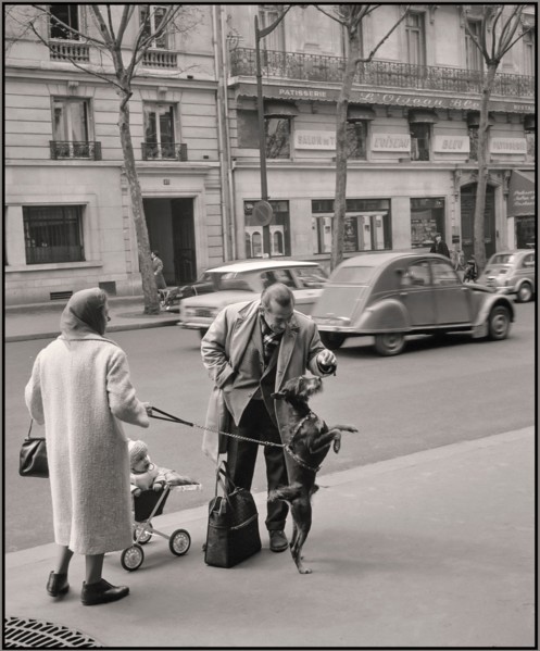 Paris 1965 reportage moment lifestyle fashion street reportage. Citroen Deaux Chevaux passing in background Van de Poll [Street life in Paris] Man playing and feeding the dog of a passer-by 1965  Fran...