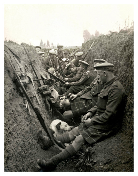 Historic image of WW1 Highland territorials and their mascot dog wait to 'go over the top' in a trench in Northern France