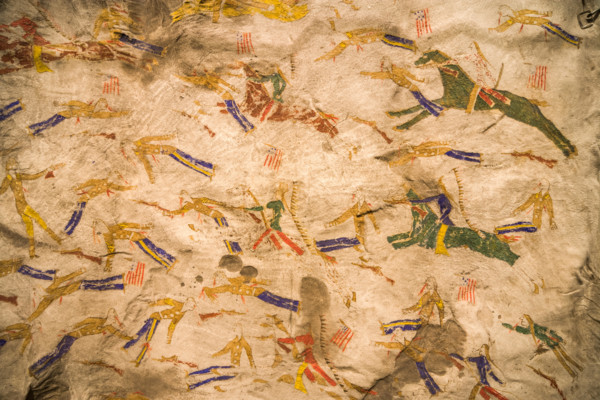 Native American Indian deer hide painting drawing depicting The Battle of the Little Bighorn or Custer's Last Stand.