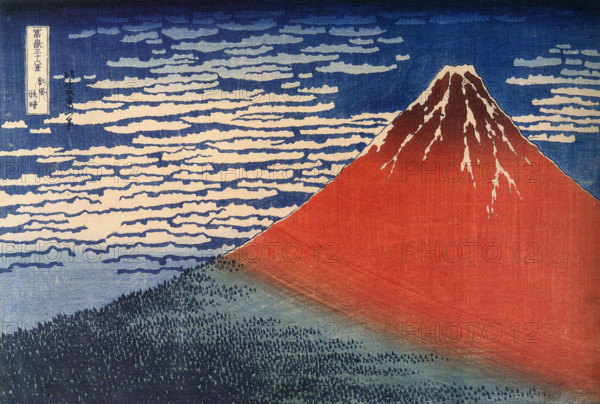 Katsushika Hokusai’s famous woodblock print 'Red Fuji' portrays Mount Fuji against a vibrant red sky. This iconic piece from Hokusai’s 'Thirty-Six Views of Mount Fuji' series captures the grandeur of ...