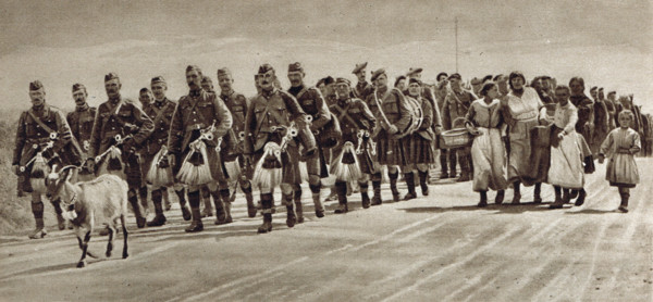 Canadian Highlanders, pipers & regimental goat mascot, WW1