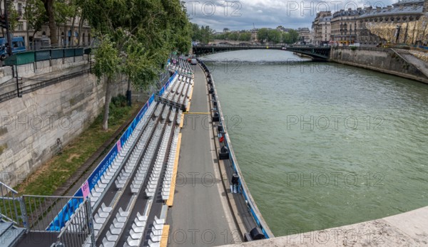 Paris, France - 07 23 2024: Olympic Games Paris 2024. View the quayside of the Seine with the estrades for the opening ceremony of the Olympics