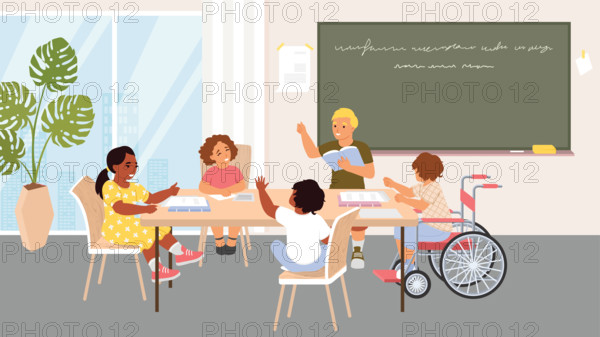 Kids group learning class at library or school classroom