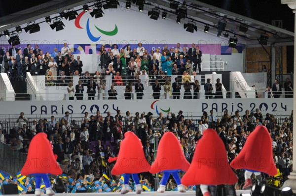 Performers dressed as the ‘Les Phryges’ mascot on stage during the opening Ceremony of the Paris 2024 Paralympic Games, at Place de la Concorde.  Para athletes from 168 delegations paraded around the ...