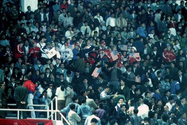 Crowds look on during the 1991 FIFA Women's World Cup in China. This was the first Women's World Cup.