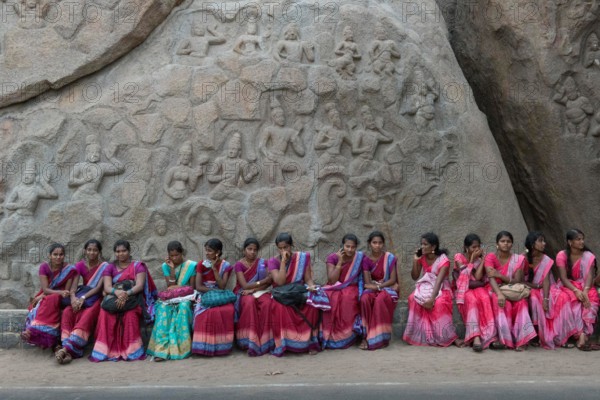 School Girls In Front Of Rock With Carvings, Mamallapuram (Mahabalipuram)