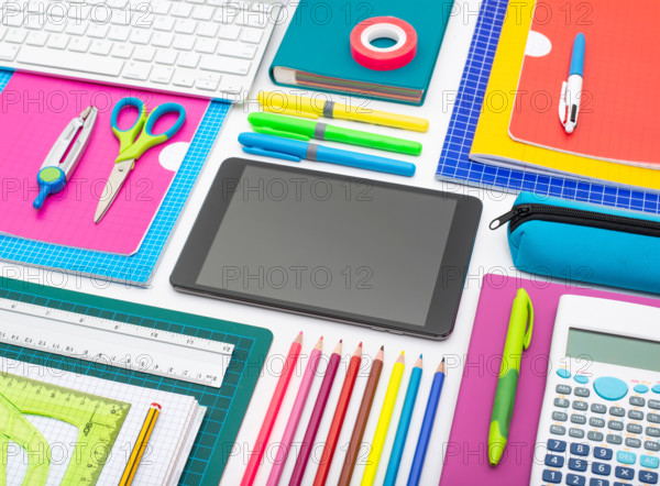 Back to school background header on white with digital tablet. Web design template.