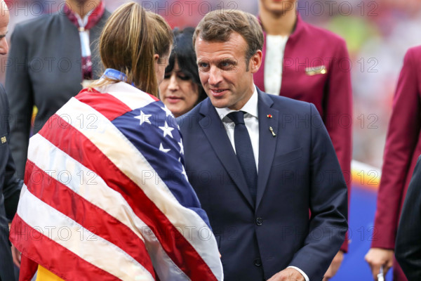 Lyon, France. 07th July, 2019. Emannuel Macron president of France the match between the United States and the Netherlands validated by the Final of the Women 's Soccer World Cup in Lyon in France on ...
