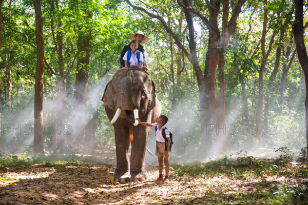Elephant and farmer with school kids in asian countryside in Thailand - Thai elephant in Surin region