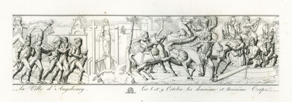 Colonne Vendôme : Le 9 octobre 1805, le 4e corps entre dans la ville d'Augsbourg. Les 8 et 9 octobre, les 2e et 3e corps passent le Danube à Neubourg.