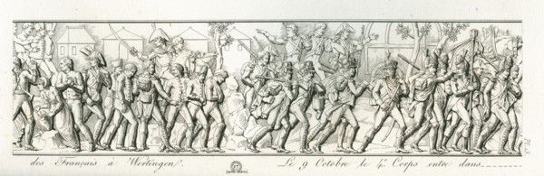 Colonne Vendôme : Le 8 octobre 1805, entrée des Français à Wertingen. Le 9 octobre, le 4e corps entre dans la ville d'Augsbourg.