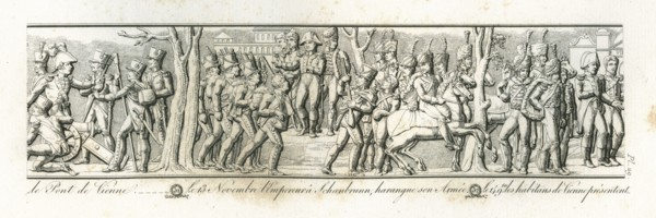 Colonne Vendôme : Le 13 novembre 1805, l'empereur Napoléon 1er, à Schönbrunn, harangue son armée. Le 14 novembre, les habitants de Vienne présentent les clefs de leur ville à l'empereur.