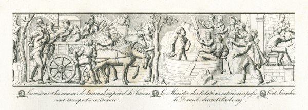 Colonne Vendôme : décembre 1805, les canons et les armures de l'arsenal impérial de Vienne sont transportés en France. Le ministre des Relations Extérieures passe le Danube devant Presbourg.