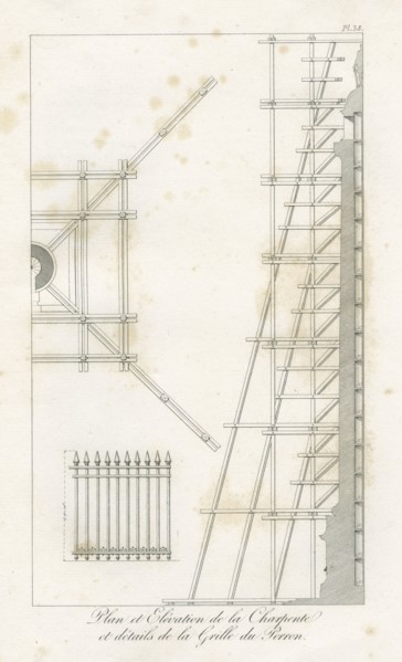 Colonne Vendôme : Plan et élévation de la charpente. Détails de la grille du perron.