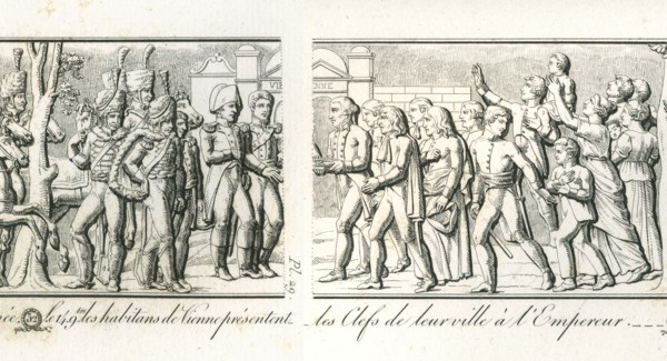 Colonne Vendôme : Le 14 novembre 1805, les habitants de Vienne présentent les clefs de leur ville à l'empereur.