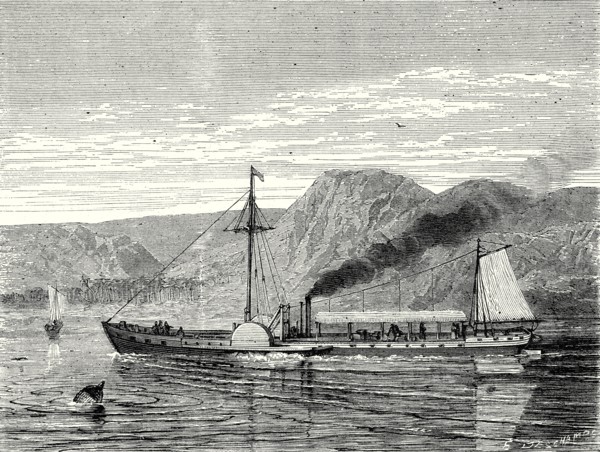 The 'Clermont', Robert Fulton's first steamboat, sailing on the Hudson river in New York at Albany