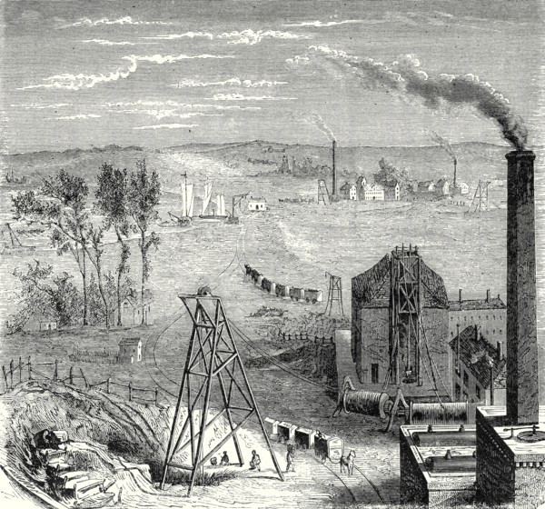 A coal mine in Newcastle, with wagons drawn by horses on wooden rails
