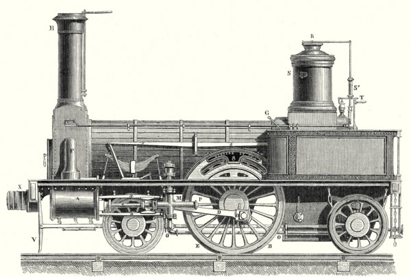 Sideview of a locomotive showing the mechanism of the engine