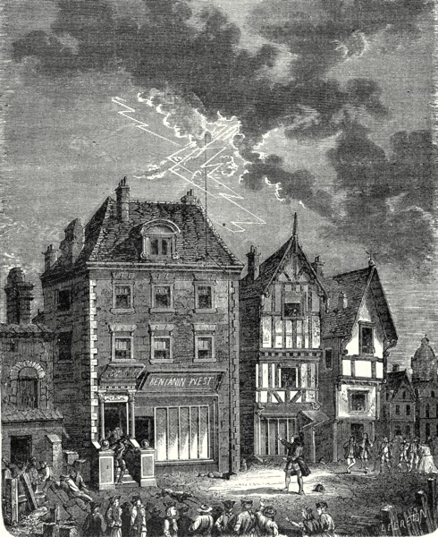 Le premier paratonnerre établi par Franklin à Philadelphie, sur la maison de Benjamin West, est